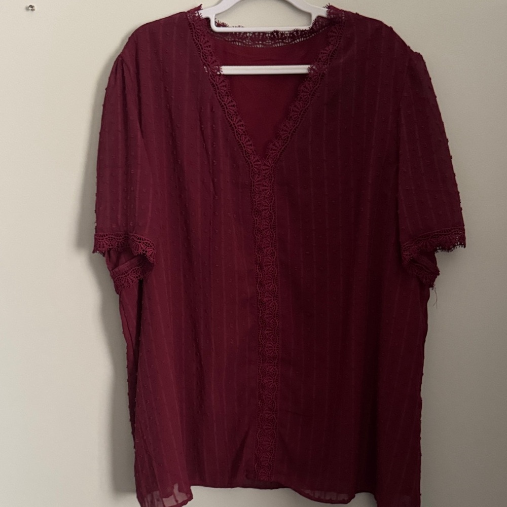 Women's Burgundy V-Neck Lace-Trim Top